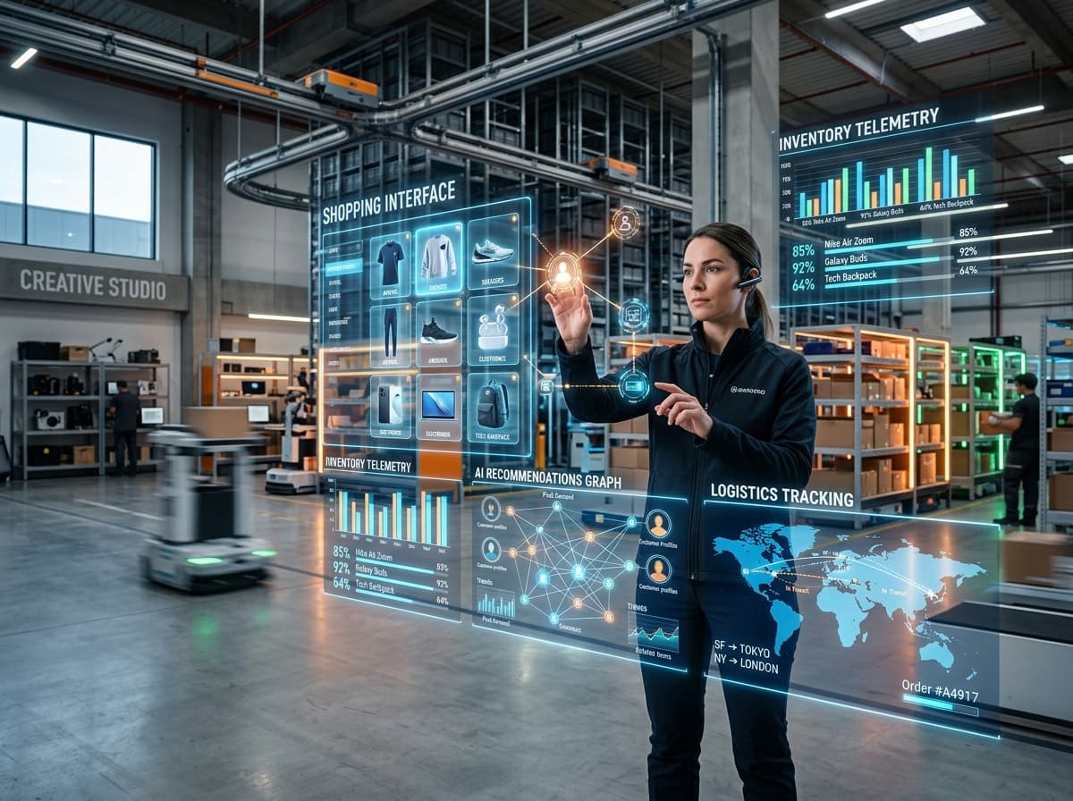 Retail automation engineer navigating holographic inventory and recommendation graphs