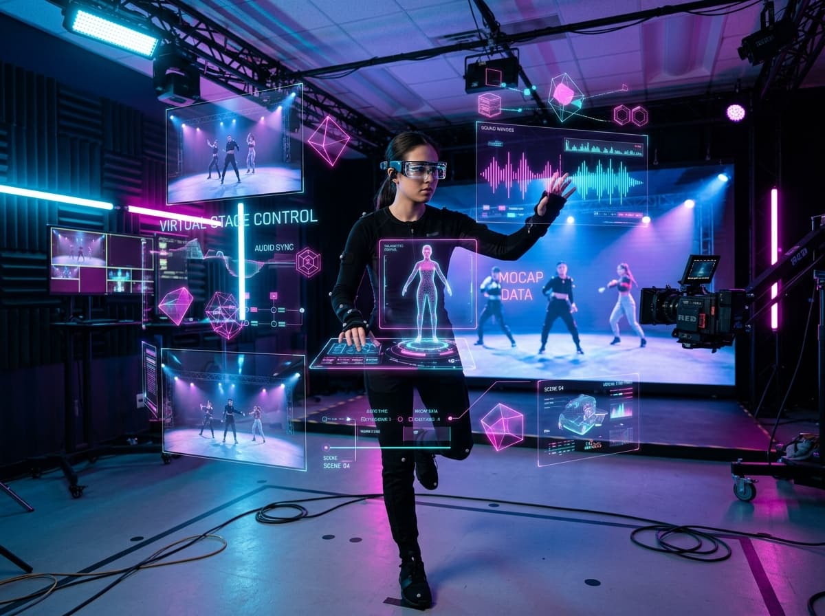 Virtual production director controlling volumetric video and audio feeds