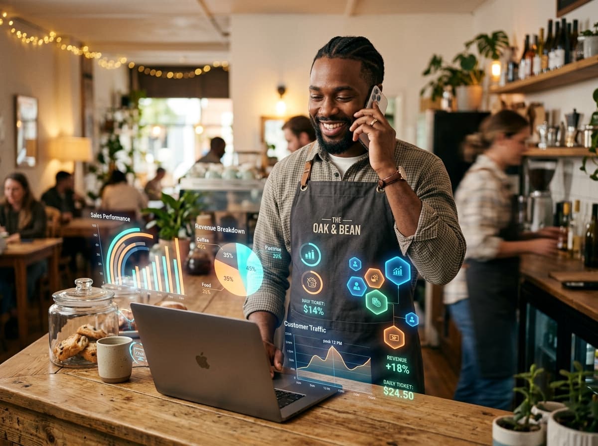 Restaurant manager reviewing holographic order telemetry and operational analytics